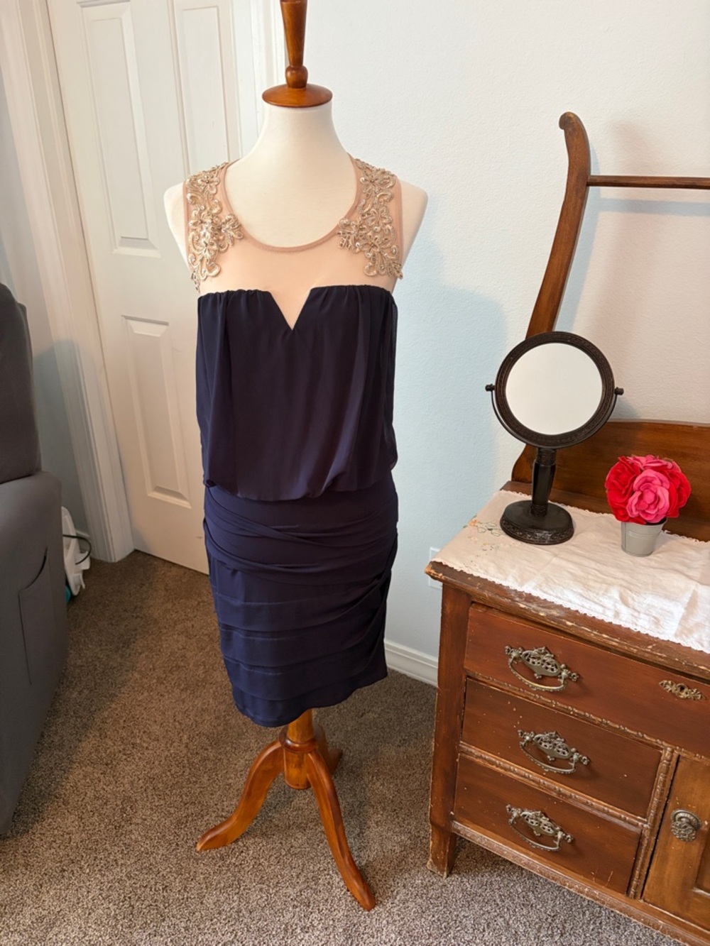 Jodi Kristopher Navy and Nude Mesh-Trim Cocktail Dress